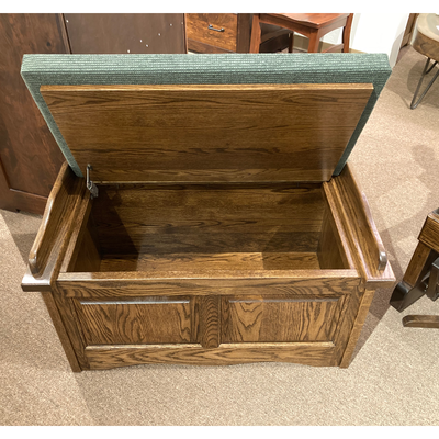 Clearance Amish made Scallop Storage Chest open showing storage - Oak For Less® Furniture