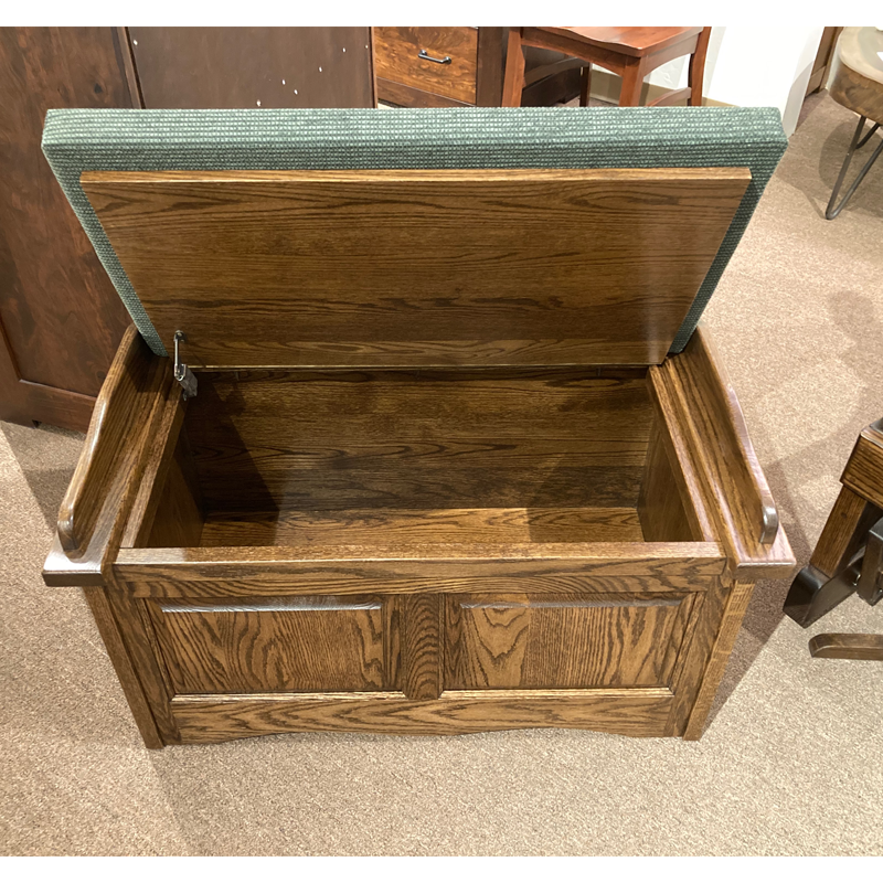 Clearance Amish made Scallop Storage Chest open showing storage - Oak For Less® Furniture