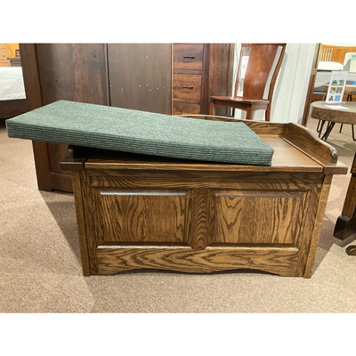 Clearance Amish made Scallop Storage Chest with cushion slightly off to show it is removable - Oak For Less® Furniture