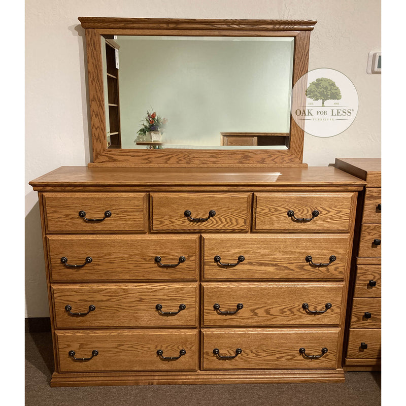Clearance Traditional Oak 9 Drawer Dresser and Mirror - Oak For Less® Furniture