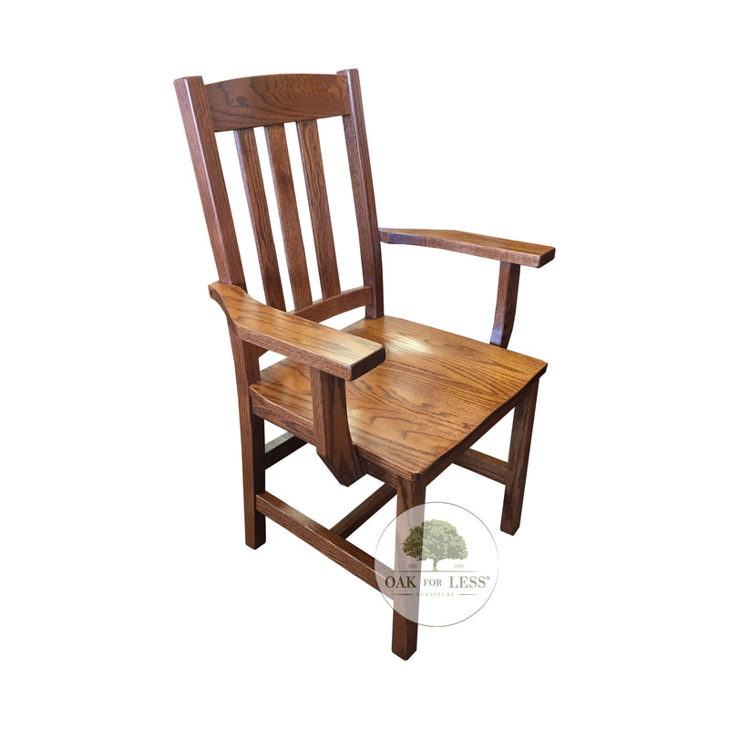 Amish made Old Mission Arm Chair with Wood Seat in Solid Oak | Oak For Less® Furniture & Amish Furniture Creations ™
