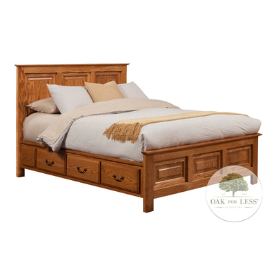 OD-O-T468 Traditional Oak Elevated Pedestal Bed with 6 drawers and a raised panel headboard and raised panel footboard - Oak For Less® Furniture