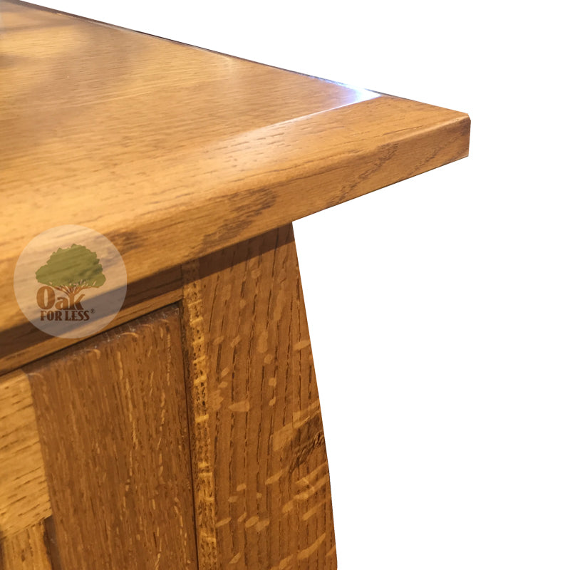 Amish made Arts & Crafts 74" Entertainment Console detail showing beveled edge on the top- Oak For Less® Furniture