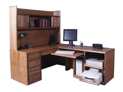 FD-1050 and FD-1018 - Contemporary Oak Desk and Right Return with Hutch - pictured with prop computer and printer accessories - Oak For Less® Furniture