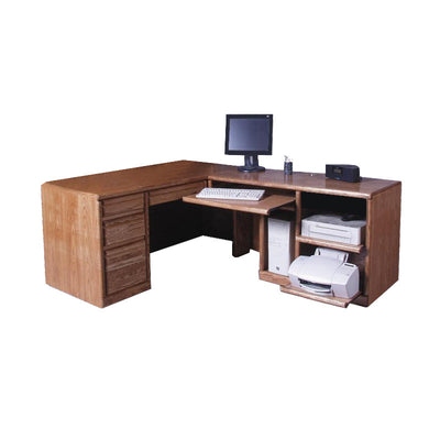 FD-1050 - Contemporary Oak Desk and Right Return pictured with prop computer and printer accessories - Oak For Less® Furniture