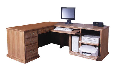 FD-1050T - Traditional Oak Desk and Right Return - pictured with prop computer and printer accessories - Oak For Less® Furniture