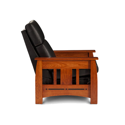 Amish made Arts & Crafts Black Leather Recliner side view - Cherry wood - Oak For Less® Furniture